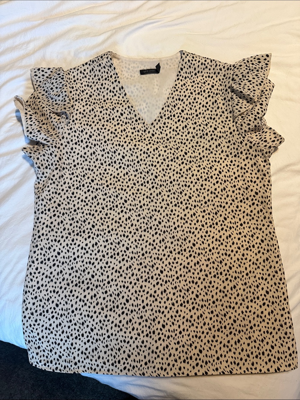 Mikarose Beige and Black Dot Ruffle-Sleeve V-Neck Blouse